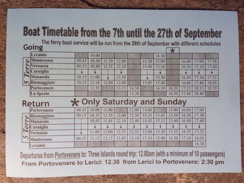 Updated Cinque Terre ferry schedule (valid from September 7-27, 2015)